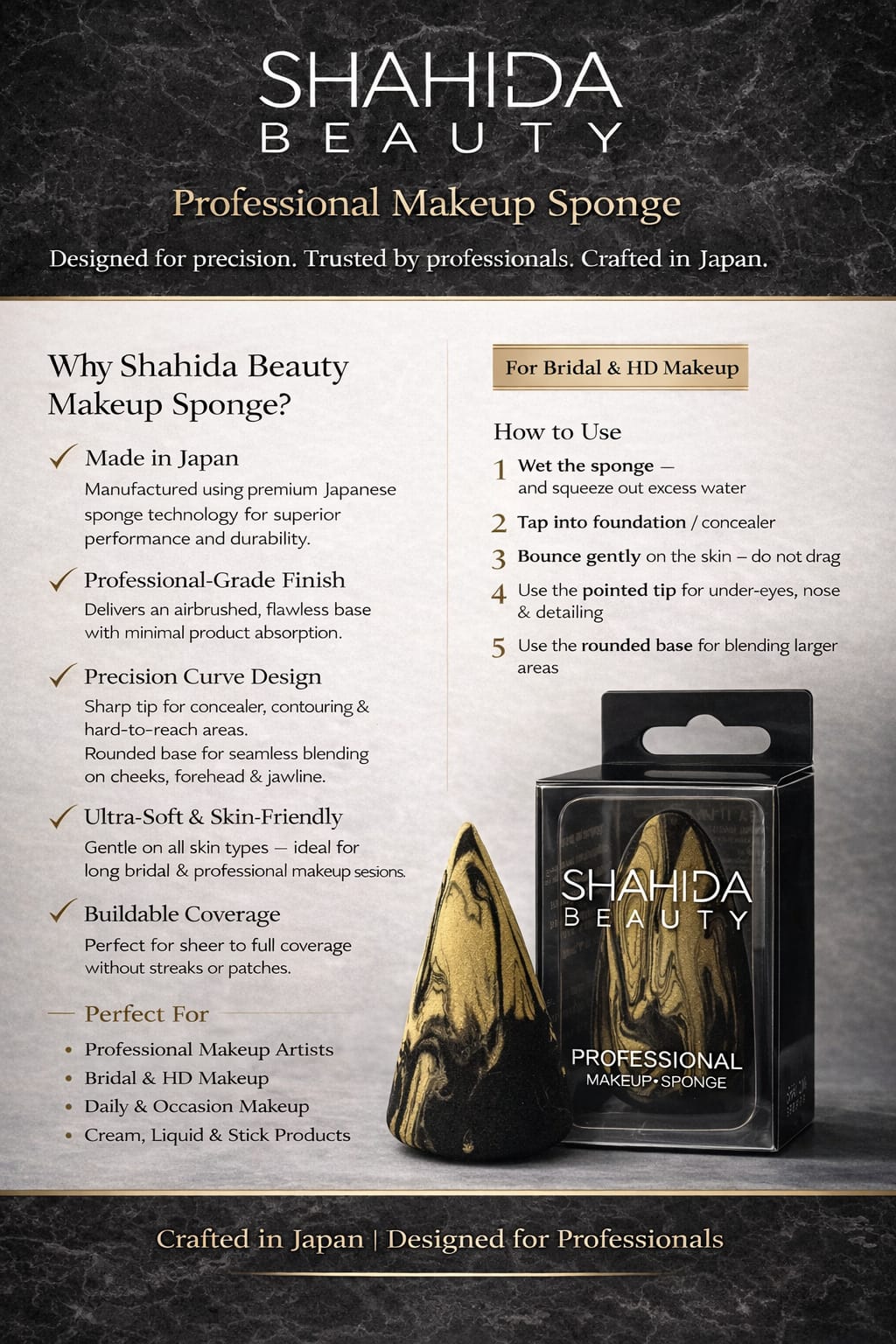 Shahida Beauty Professional Makeup Sponge – Gold & Black Marble - Image 4